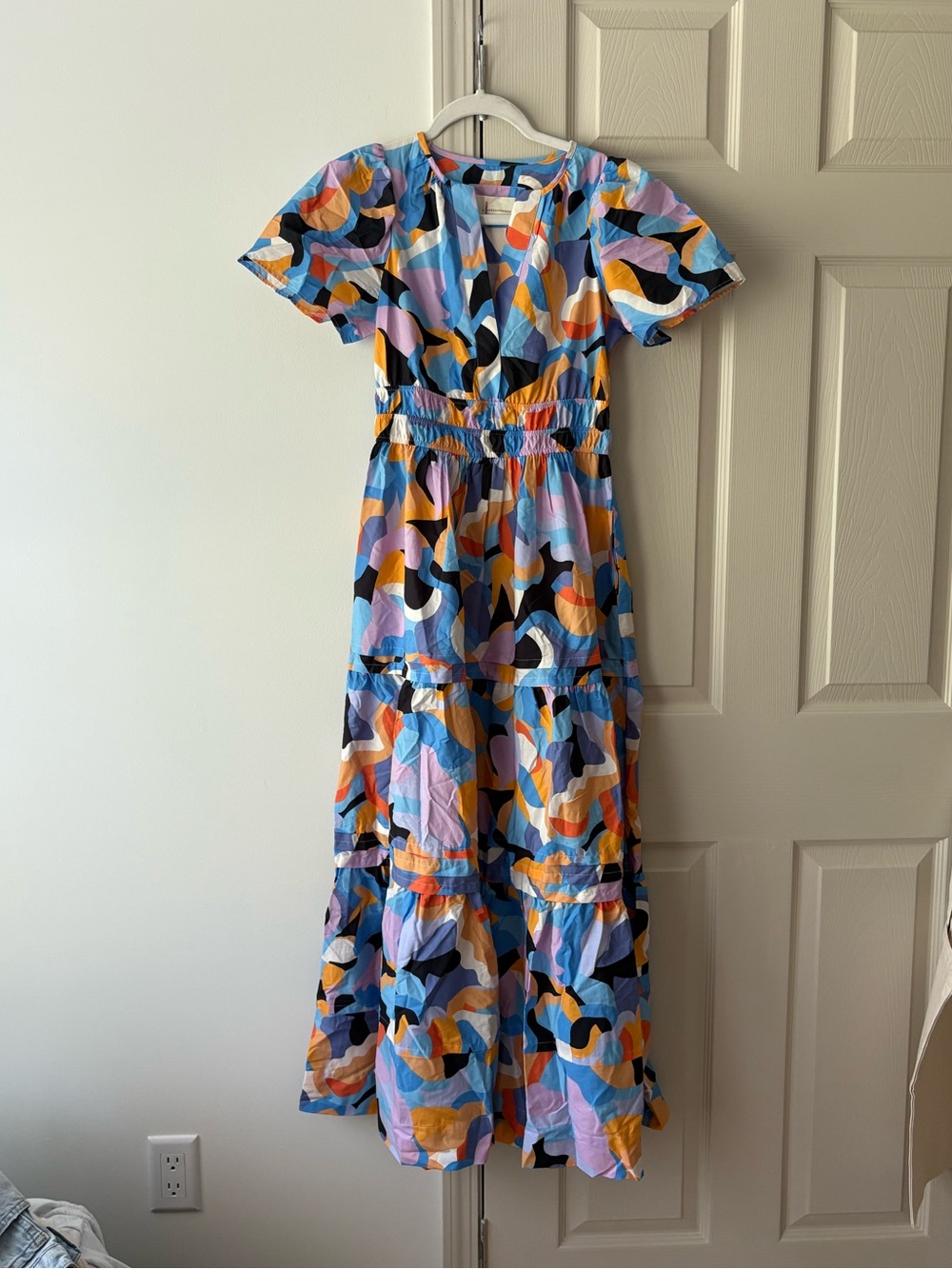 Anthropologie Abstract Multicolor V neck dress in Blue, Orange, Black, purple